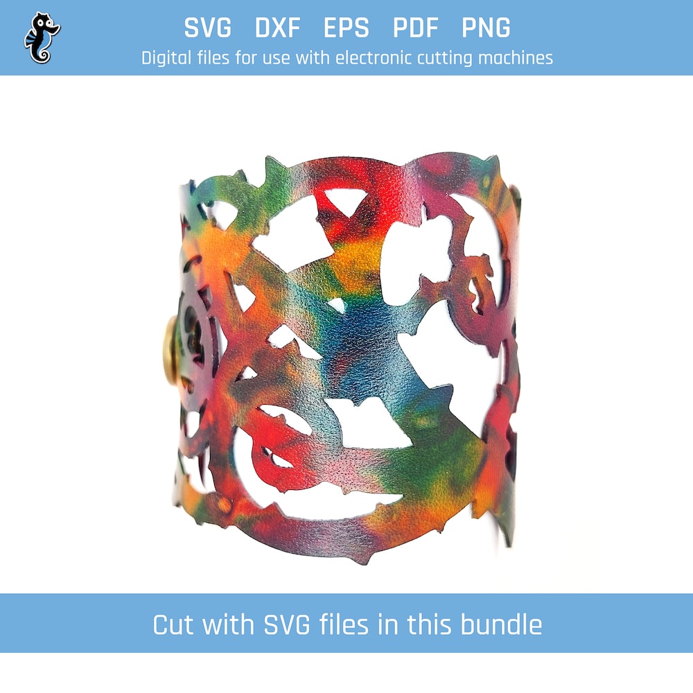 Thorns bracelet bundle demo 4 Example of thorny heart leather bracelet cut from SVG design file in this bundle.